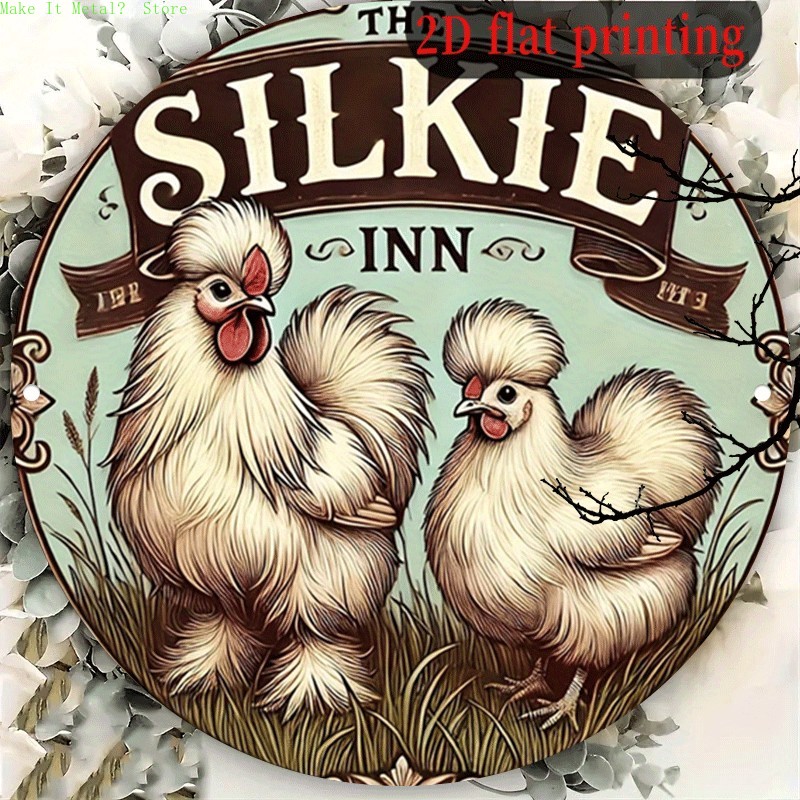 Vintage Collectible Signs - ป้ายโลหะทรงกลมลายวินเทจ The Silkie Inn, ป้ายโลหะติดผนังลายไก่พิมพ์แบบ 2